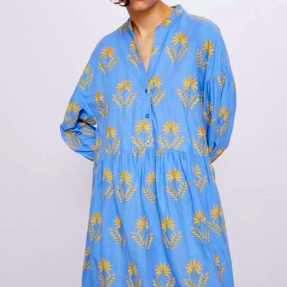 Zara light blue embroidered flower dress